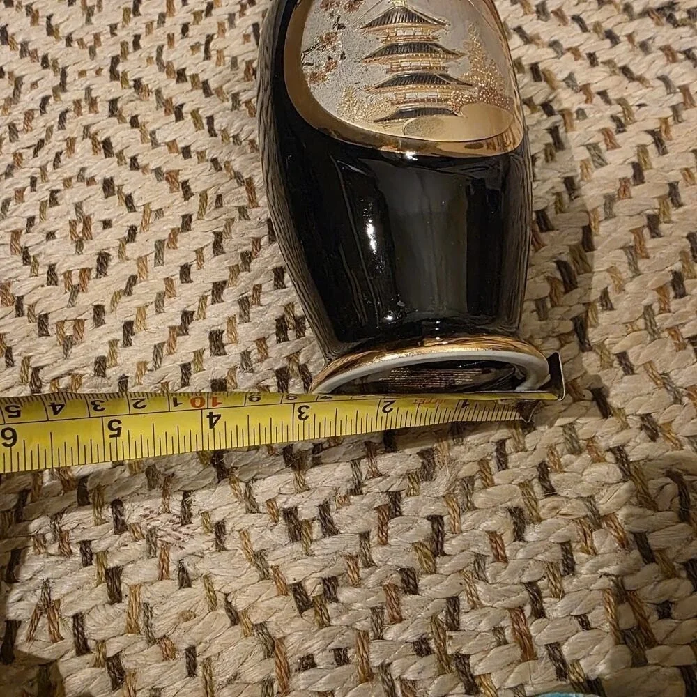 Art of Chokin 24K Gold Edged‎ Japanese Black Vase Pagoda Mount Fuji C1